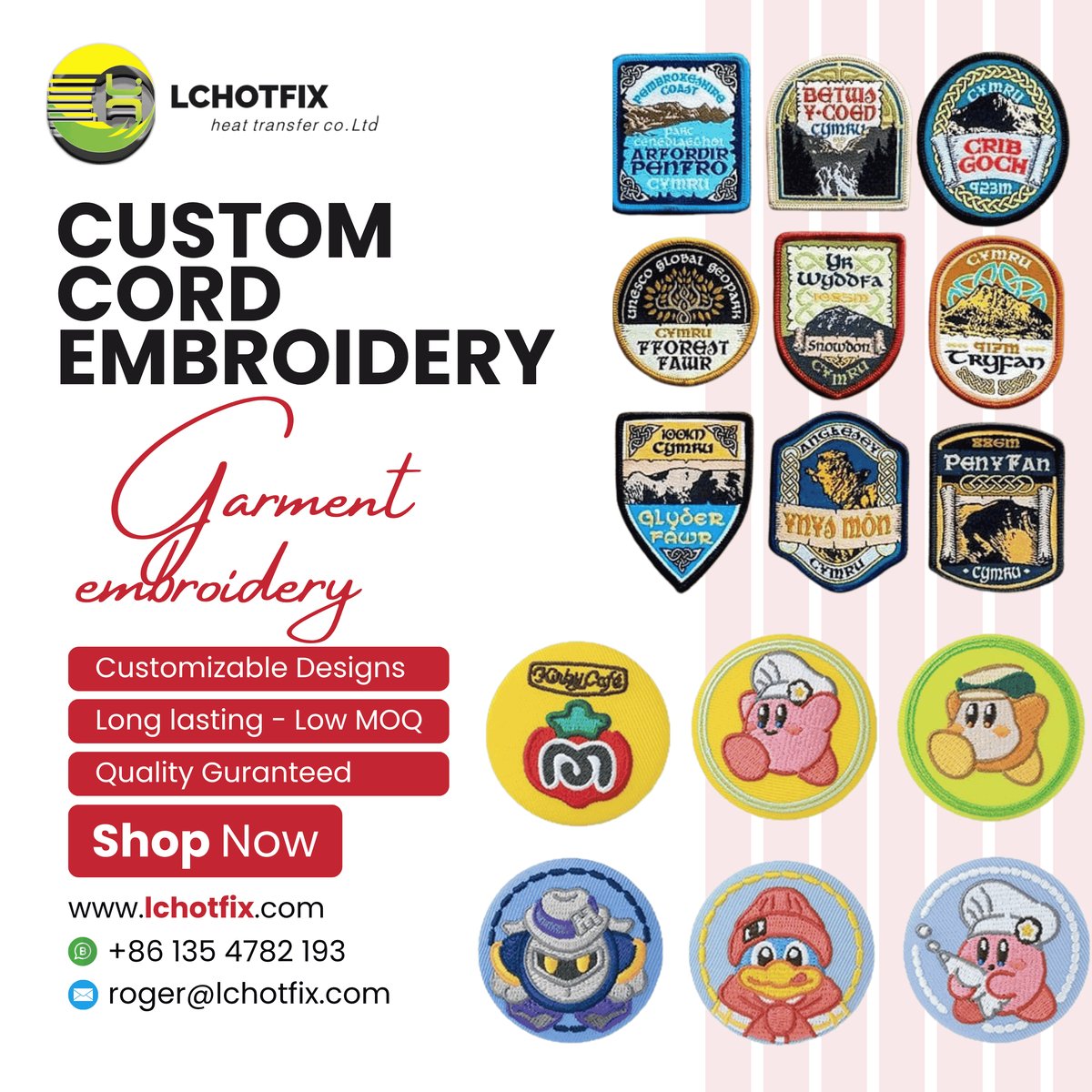 Custom embroidered apparel and bag patches from the LCHOTFIX catalog