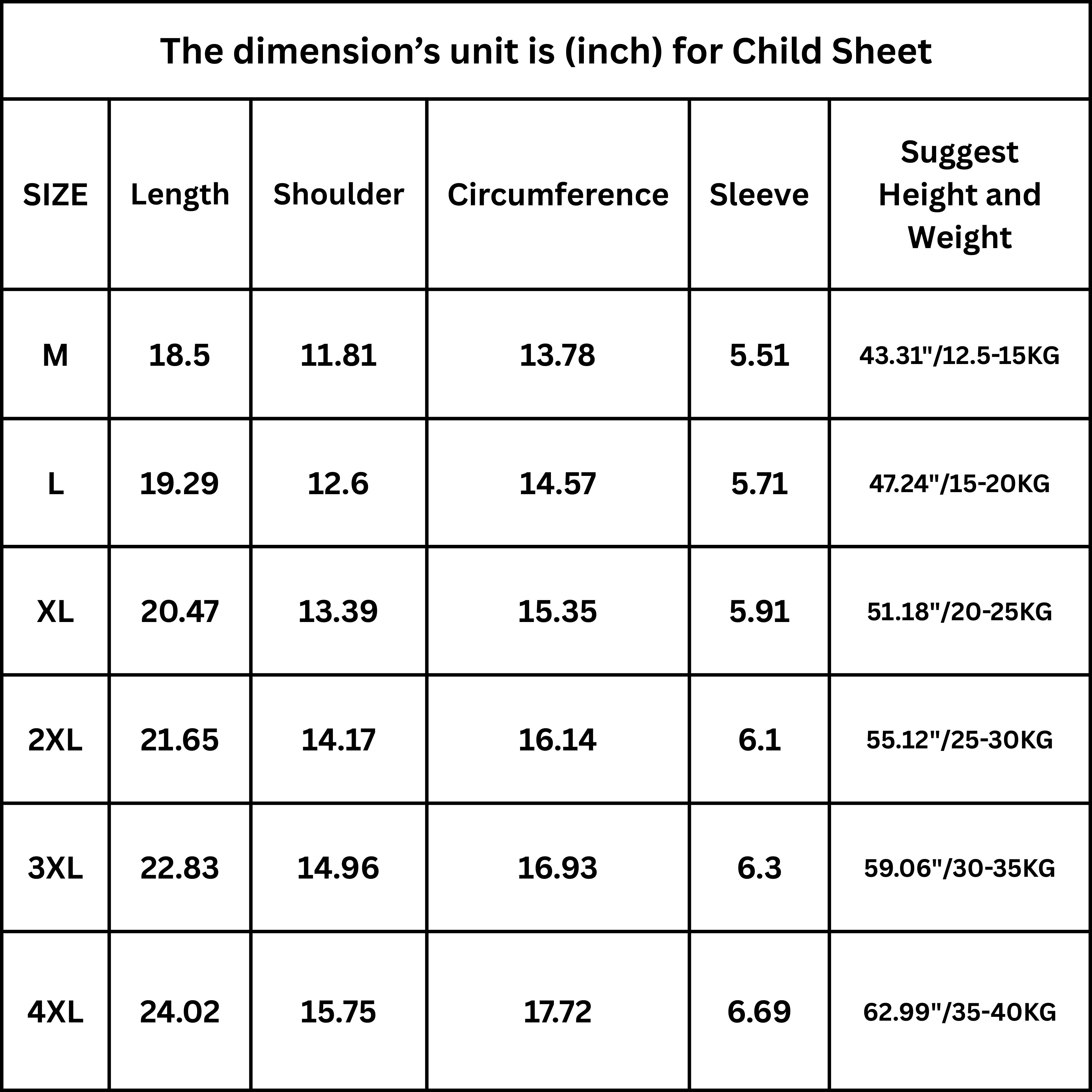 Kids Size Chart
