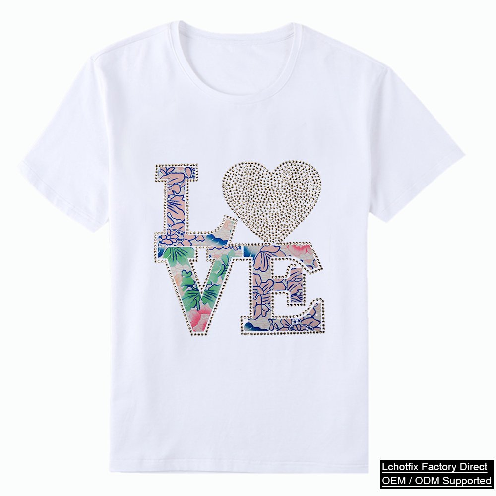 Rhinestone LOVE Heart Graphic T-Shirt – Floral Crystal Letter Casual Tee - Custom Heat Transfer
