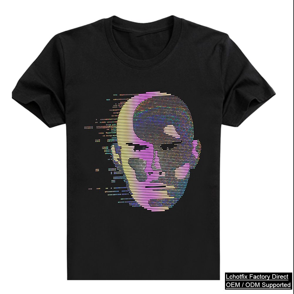 Glitch Skull Rhinestone Back Print & ISSYON Crystal Letter Front Black T-Shirt