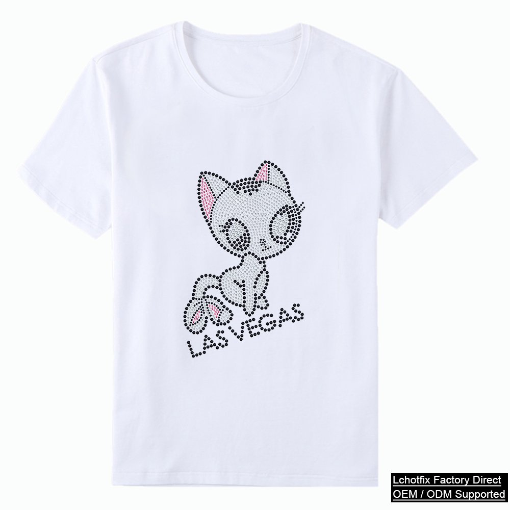 Cute Cat Rhinestone Heat Transfer T-Shirt – Las Vegas Crystal Cartoon Tee OEM Factory Supply