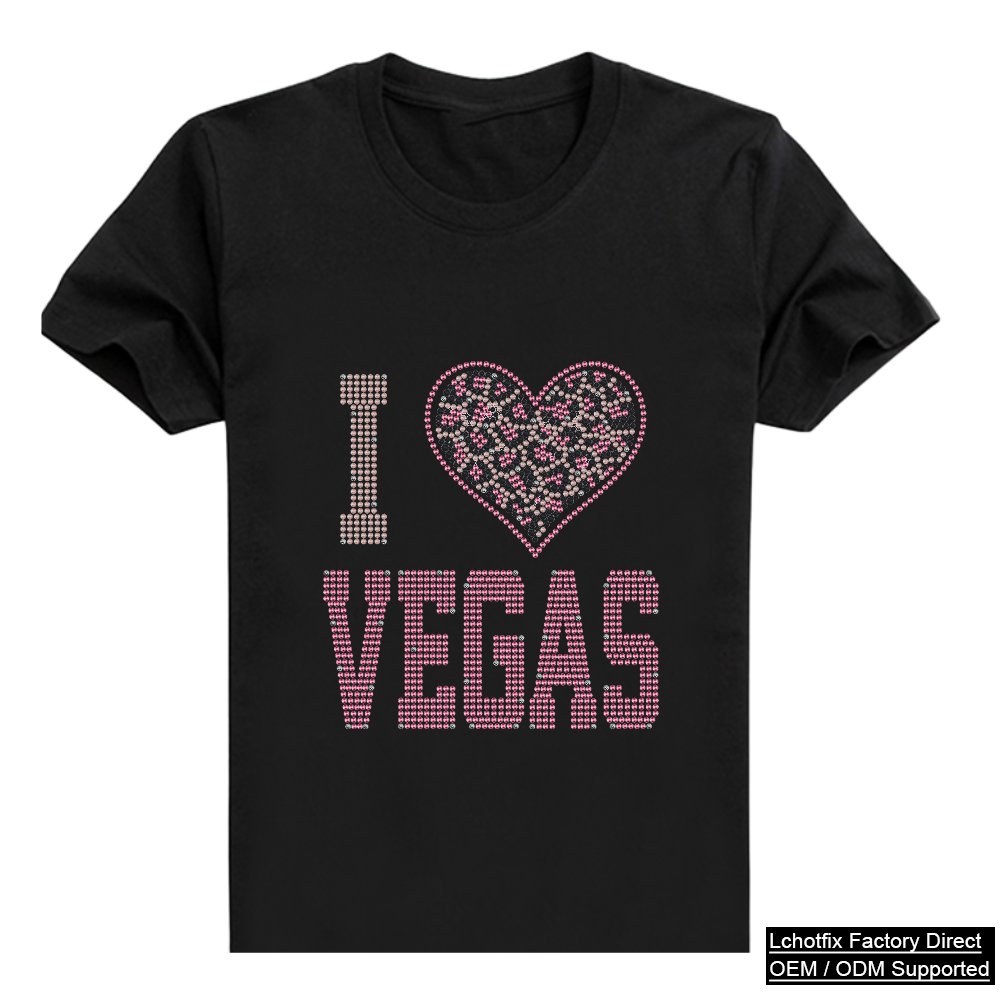 I Love Vegas Rhinestone Heat Transfer T-Shirt – Leopard Heart Crystal City Series Tee OEM Factory Supply