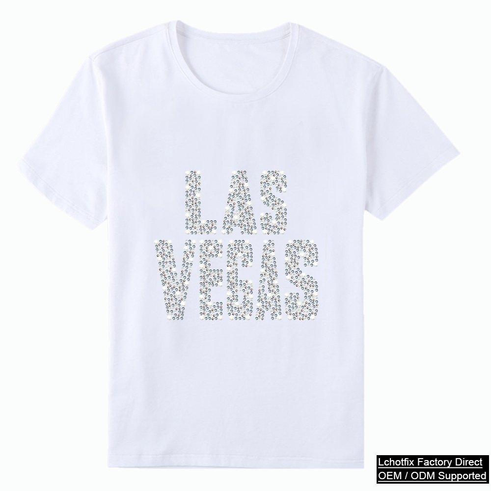 LAS VEGAS Full Crystal Letter Rhinestone T-Shirt – Minimal City Series Bling Tee OEM Factory Supply