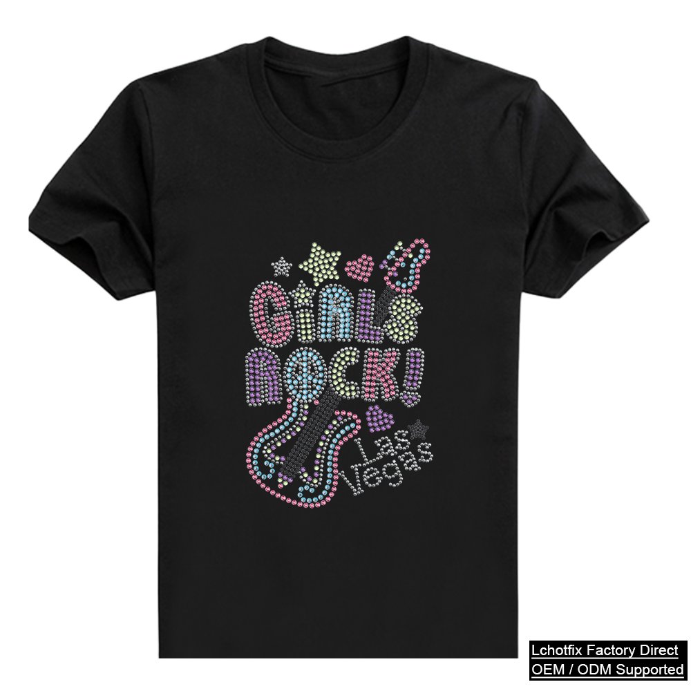 Colorful Girls Rock Rhinestone T-Shirt – Sparkling Guitar Music Graphic Cotton Tee