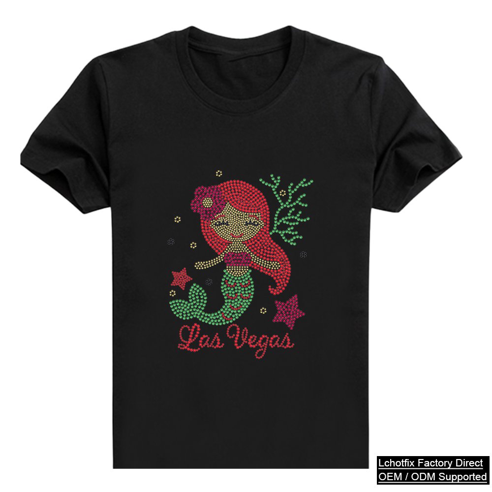 Cute Mermaid Las Vegas Rhinestone T-Shirt – Colorful Crystal Cartoon Cotton Tee for Girls
