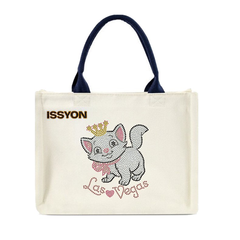 Cute Cat Las Vegas Rhinestone Canvas Tote Bag – Custom Crystal Cartoon Shoulder Handbag | OEM Factory