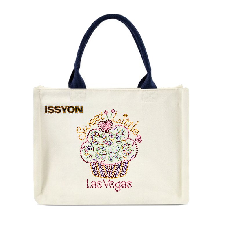 Sweet Cupcake Las Vegas Rhinestone Canvas Tote Bag – Sparkling Glitter Dessert Souvenir Shopper for Boutique & Gift Stores