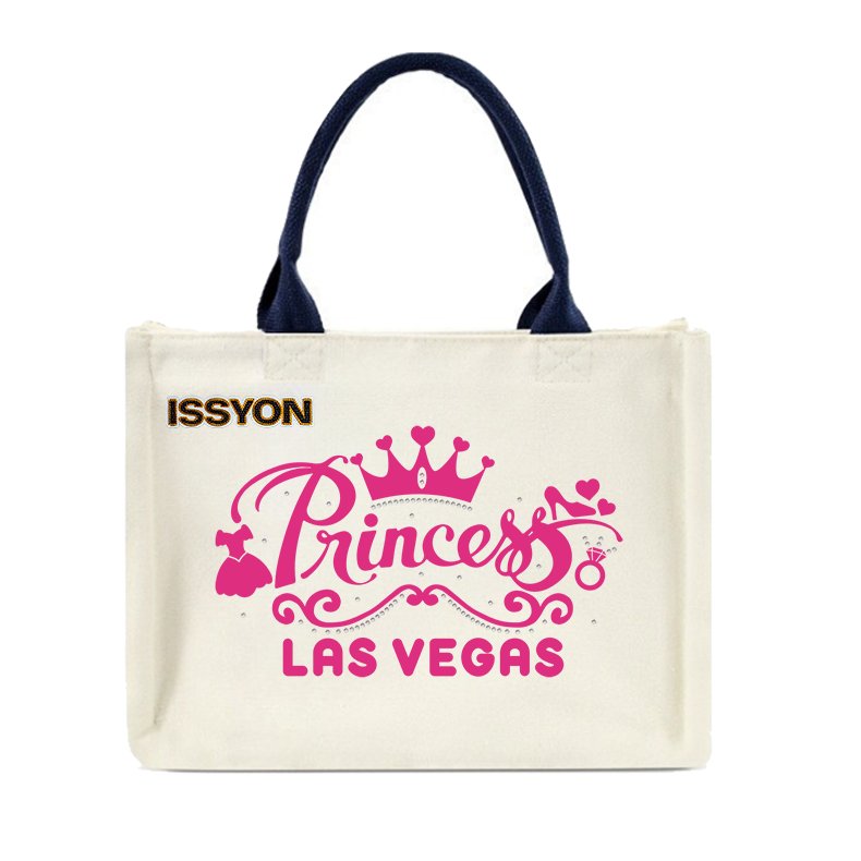 Princess Las Vegas Rhinestone Canvas Tote Bag – Sparkling Crown Glitter Party Souvenir Shopper for Boutique & Casino Gift Stores