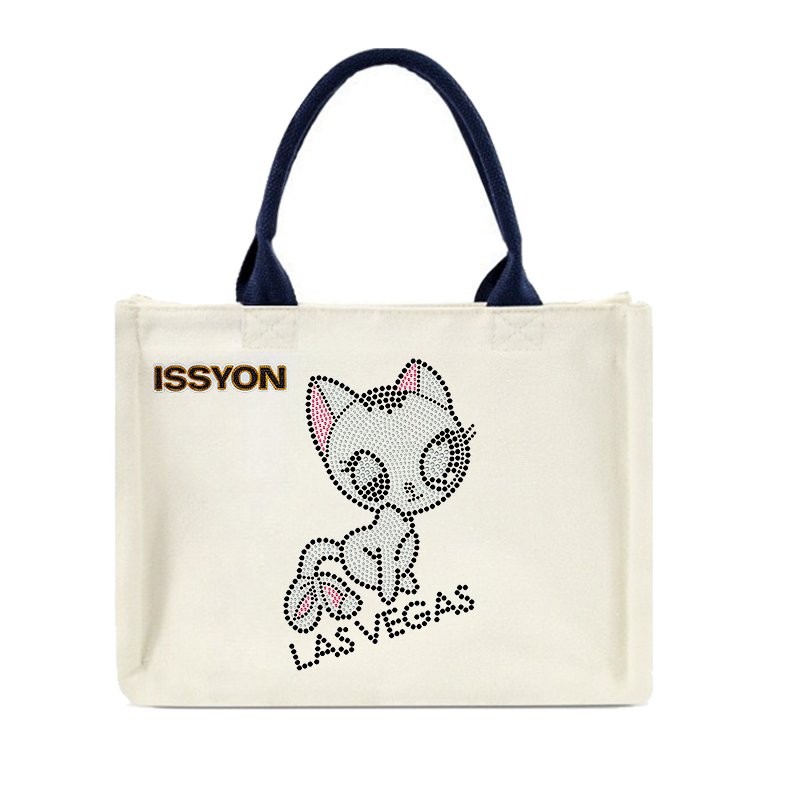 Cute Rhinestone Cat Las Vegas Canvas Tote Bag – Sparkly Kitty Glitter Shopper for Travel & Boutique Gifts