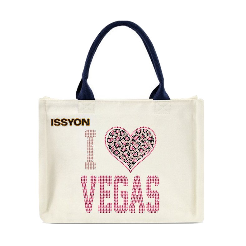 I Love Vegas Rhinestone Canvas Tote Bag – Sparkling Heart Glitter Souvenir Shopper for Boutique & Casino Gift Stores